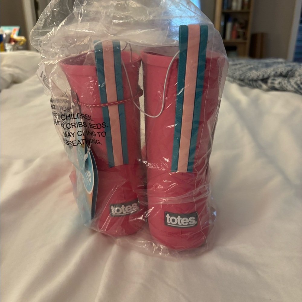 Totes Pink Rain Boots with Blue and Light Pink Stripes